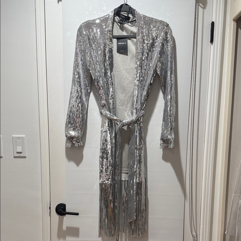 Forever 21 Silver Sequin Jacket with Waist Tie